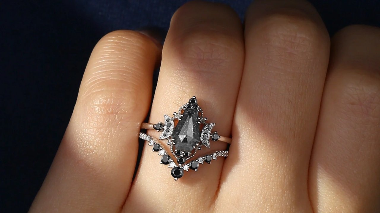 Crescent Moon Salt and Pepper Diamond Rings by StarlandUS